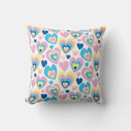 Almofada Groovy Modern Cute Pastel Pink Blue Yellow Hearts.