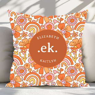 Almofada Groovy Retro Orange Florals Monograma