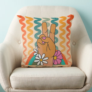 Almofada Groovy Retro Peace Sinal Flower Rainbow