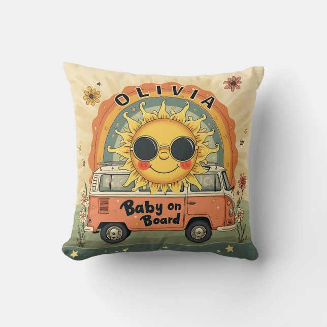 Almofada Groovy Retro Smiling Baby Sun, Peace & Love Vibes (Frente)