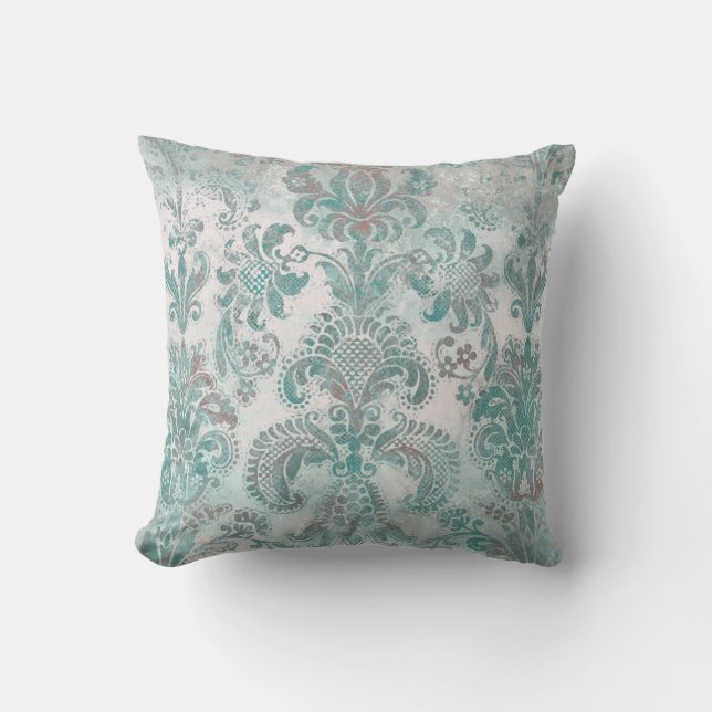 Almofada Grunge Damask Aqua Mint Blue Blush Pink (Frente)
