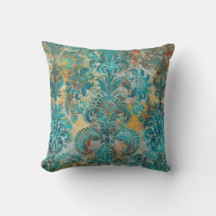Almofada Grunge Damask Aqua Viridian Mostarda Terracota