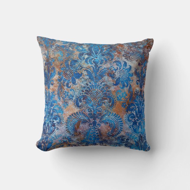 Almofada Grunge Damask Azul Cobalto Ferrugem Laranja (Frente)