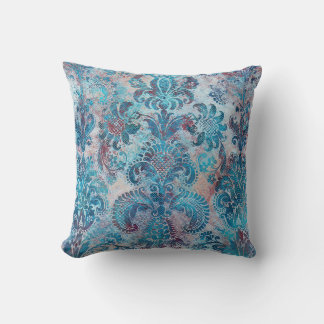 Almofada Grunge Damask Denim Azul Borgonha Rosa Bege Rosa