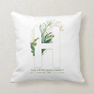 Almofada H Monograma da família verde Dourada Elegante