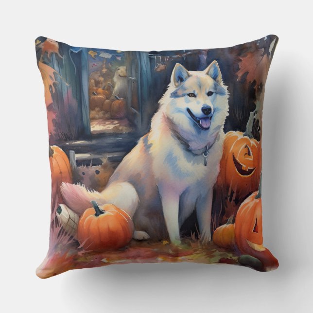 Almofada Halloween Alaskan Malamute Com Pumpkins Assustado (Verso)