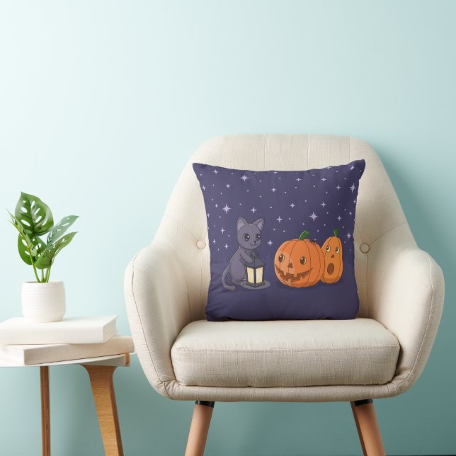 Almofada Halloween Black Cat Pumpkins Lantern Purple (Cadeira)