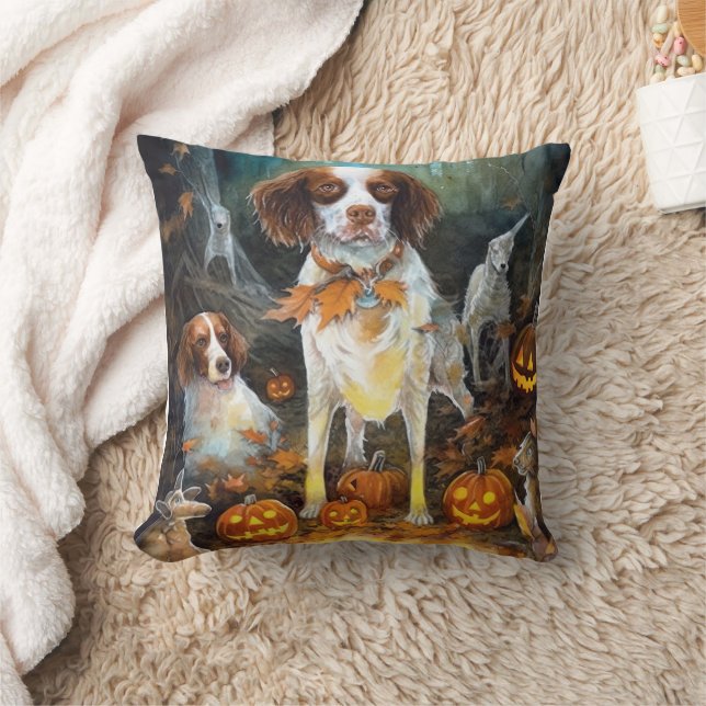 Almofada Halloween Brittany Spaniel Com Pumpkins Assustado (Cobertor)