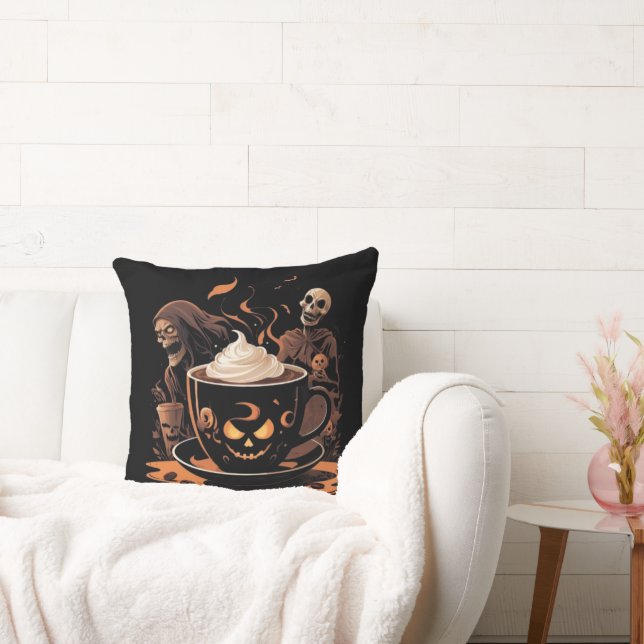 Almofada Halloween Coffee Art – Spooky Latte with Skeletons (Sofá)