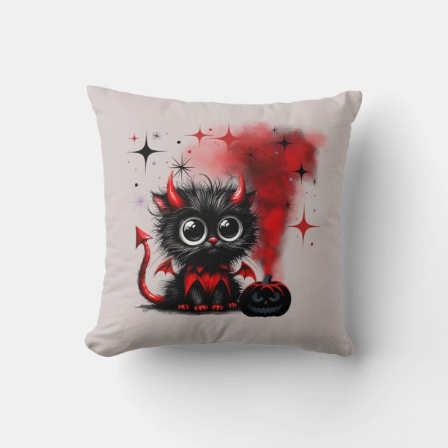 Almofada Halloween De Gatinho De Olhos Largos, Vermelho-Pre (Frente)