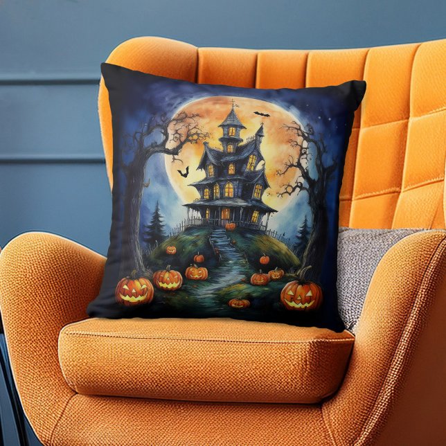 Almofada Halloween Haunted House com Pumpkins (Criador carregado)