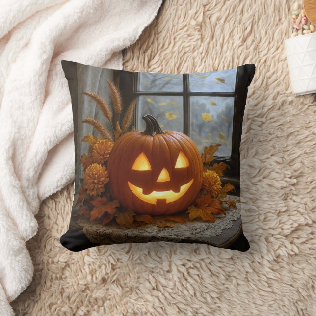 Almofada Halloween Jack-O-Lanterna Em Flores De Outono (Cobertor)
