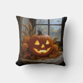 Almofada Halloween Jack-O-Lanterna Em Flores De Outono