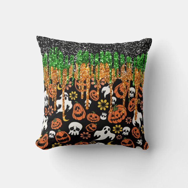 Almofada Halloween Jack Olantern Pumpkins, Flying Ghosts (Frente)