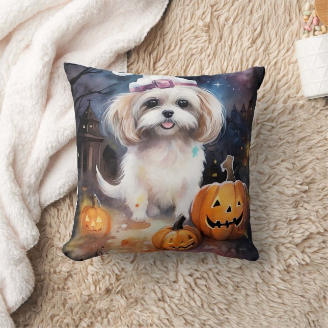 Almofada Halloween Malti Tzu Com Pumpkins Assustado (Cobertor)