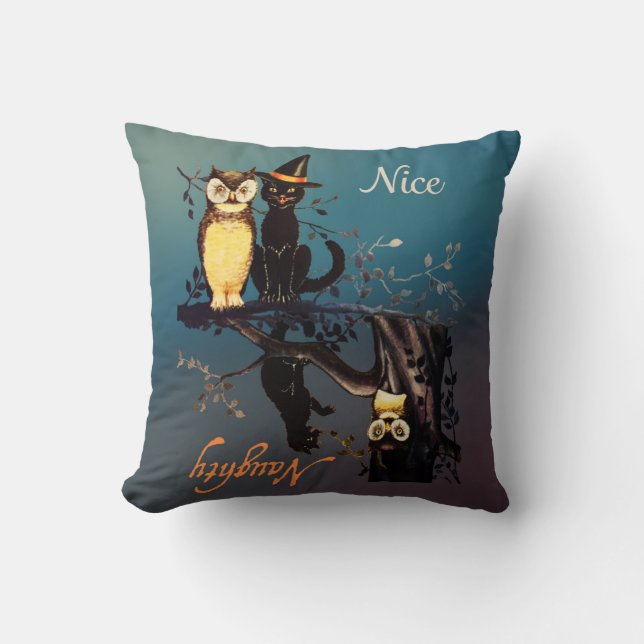 Almofada Halloween Naughn ou Nice Travesseiro - Cat and Owl (Frente)