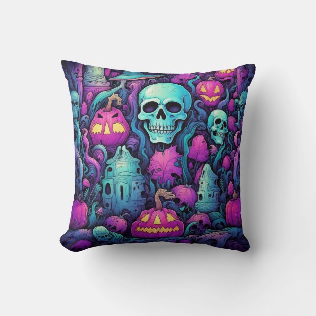 Almofada Halloween Pastel Skulls and Pumpkins (Frente)