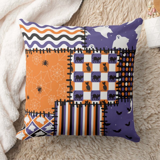 Almofada Halloween Patchwork Cats Ghosts (Cobertor)