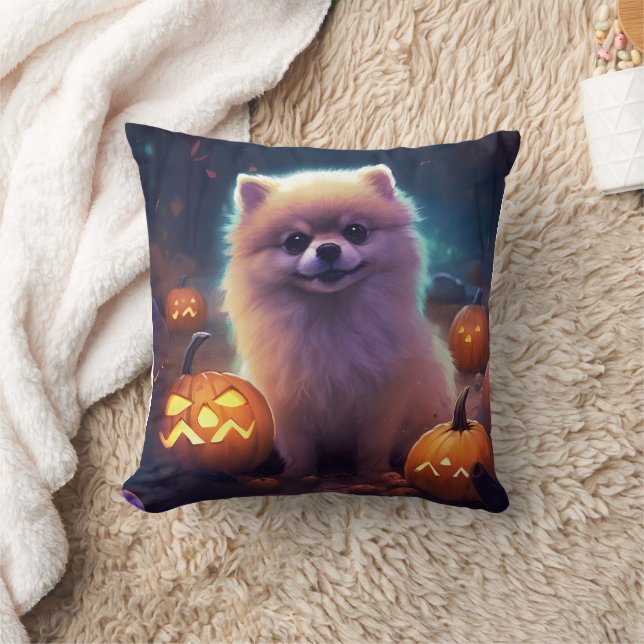 Almofada Halloween Pomeranian Com Pumpkins Assustado (Cobertor)