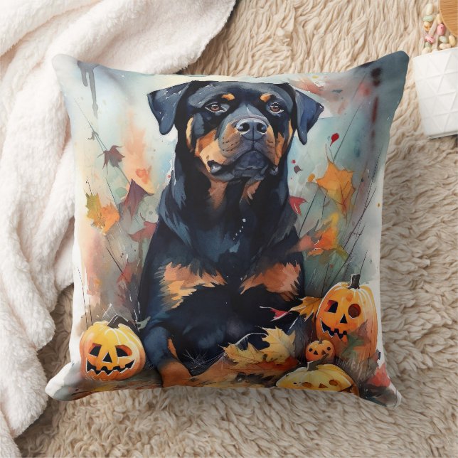 Almofada Halloween Rottweiler Com Pumpkins Assustado (Cobertor)