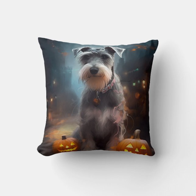 Almofada Halloween Schnauzer Com Pumpkins Assustado (Frente)