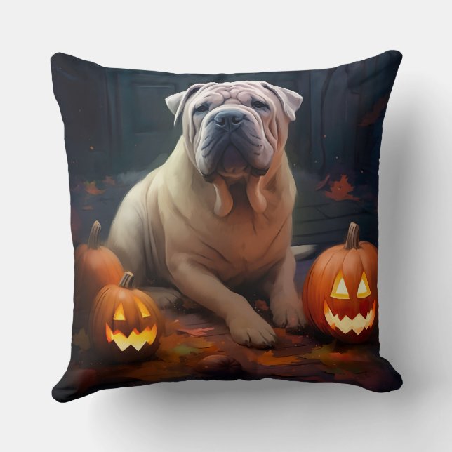 Almofada Halloween Shar Pei Com Pumpkins Assustado (Verso)