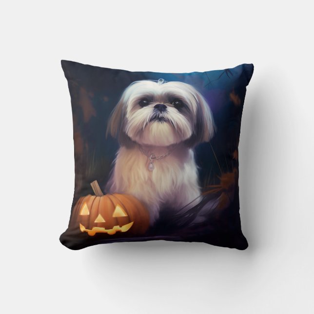 Almofada Halloween Shih Tzu Com Pumpkins Assustado (Frente)