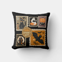 Almofada Halloween Spooky Time Postal Stamps Ghosts Bat Cat