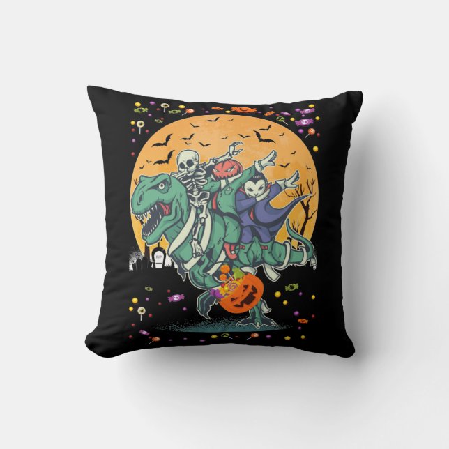 Almofada Halloween Trex Dabbing Skeleton Pumpkin Dinossauro (Frente)