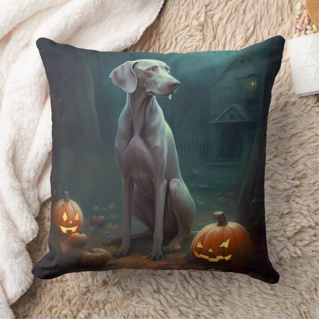 Almofada Halloween Weimaraner Com Pumpkins Assustado (Cobertor)