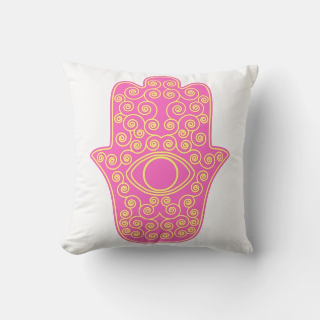 Almofada Hamsa-Mão amarela cor-de-rosa da Miriam-Mão de (Frente)