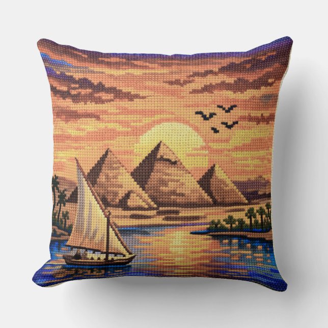 Almofada Handcrafted-Effect Giza Pyramids & Nile Sunset  (Frente)