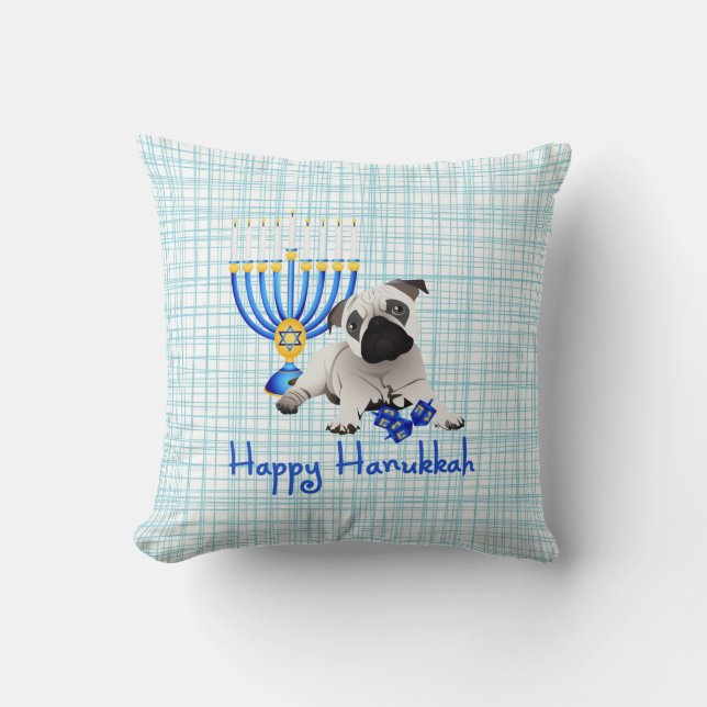 Almofada Hanukkah Pug com Menorah e Dreidels (Frente)