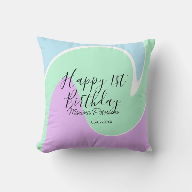 Almofada Happy 1st birthday pink green blue acrylic pour  (Frente)