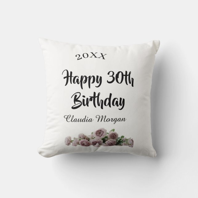 Almofada Happy 30th birthday pink white mauve floral name y (Frente)