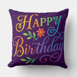 Almofada Happy Birthday Floral Rainbow Throw Pillow 20"x 20