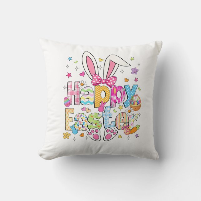 Almofada Happy Easter 2026 Cute Bunny Rabbit Easter Day Wom (Frente)