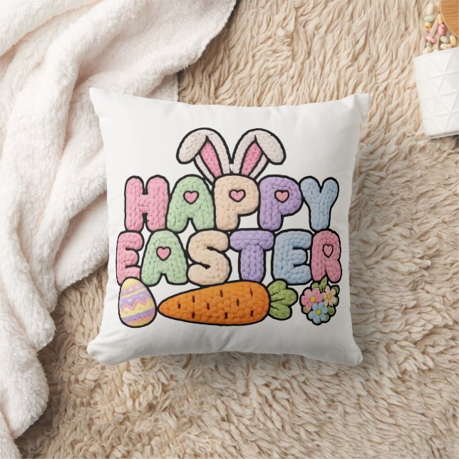 Almofada Happy Easter Knitted Yarn Texture Pastel Holiday G (Cobertor)