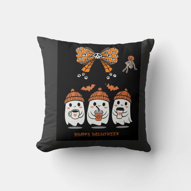 Almofada Happy Halloween – fantômes café mignons (Frente)