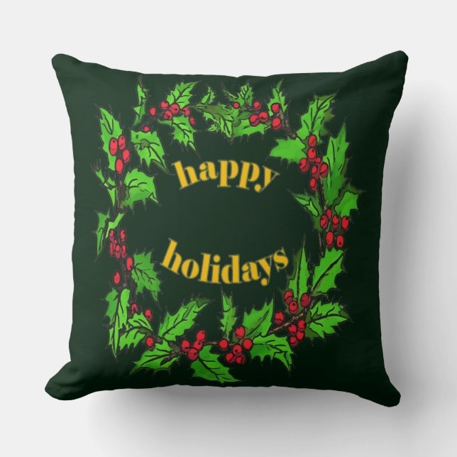 Almofada Happy Holidays Christmas Holly Wreath (Frente)