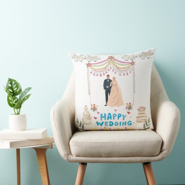 Almofada Happy Wedding Throw Pillow – White Background  (Cadeira)