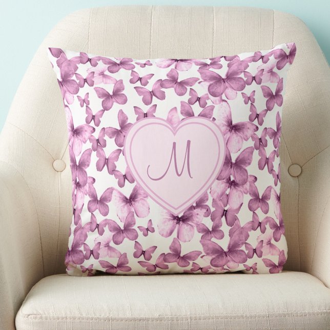 Almofada Heart Monogram Pink Butterfly (Criador carregado)