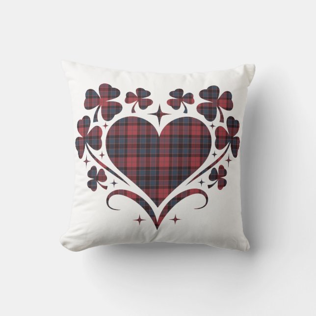 Almofada Heart Shamrock Plaid Red Blue Tartan Clover (Frente)