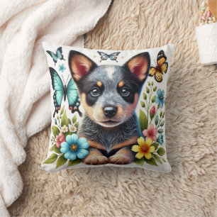 Almofada Heeler Puppy com borboletas e flores