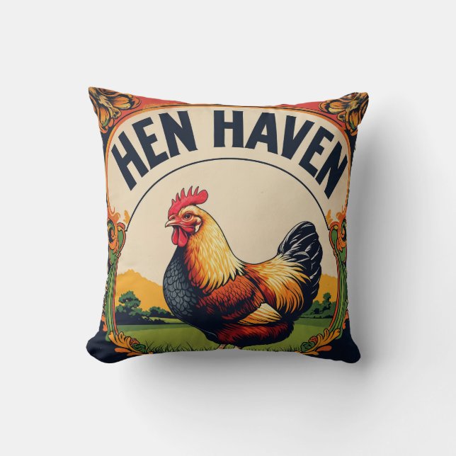 Almofada Hen e Rooster Feed Sack Art (Frente)