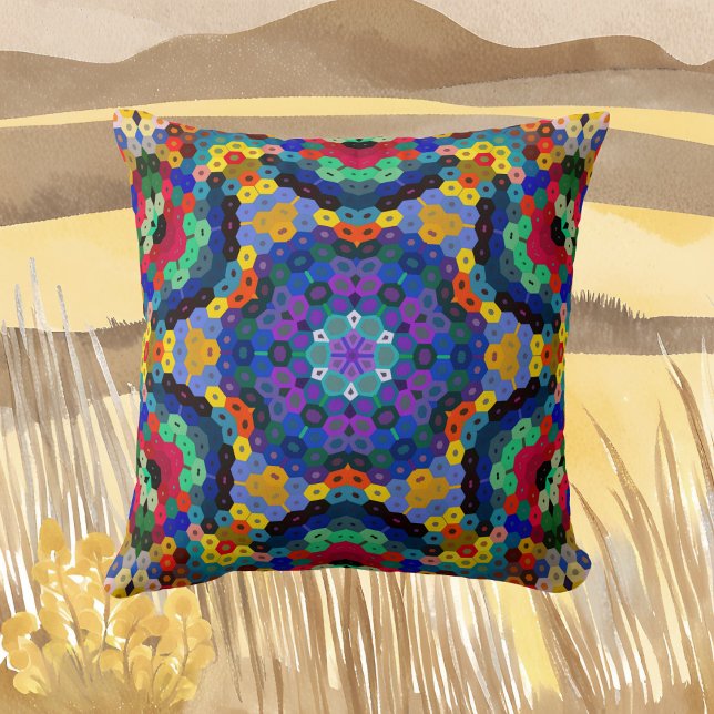 Almofada Hex Mandala Azul Amarelo Vermelho e Verde (Criador carregado)