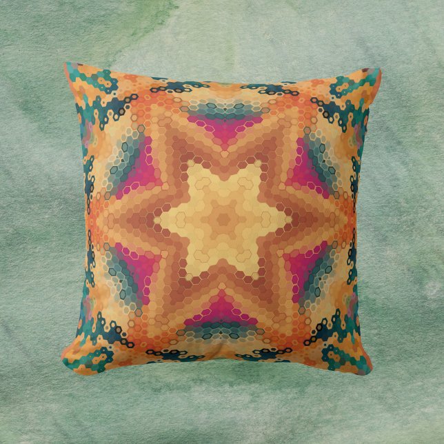 Almofada Hex Mandala Orange Blue e rosa (Orange Blue and Pink Hexagon Mandala Throw Pillow by Wormhole Orbital)
