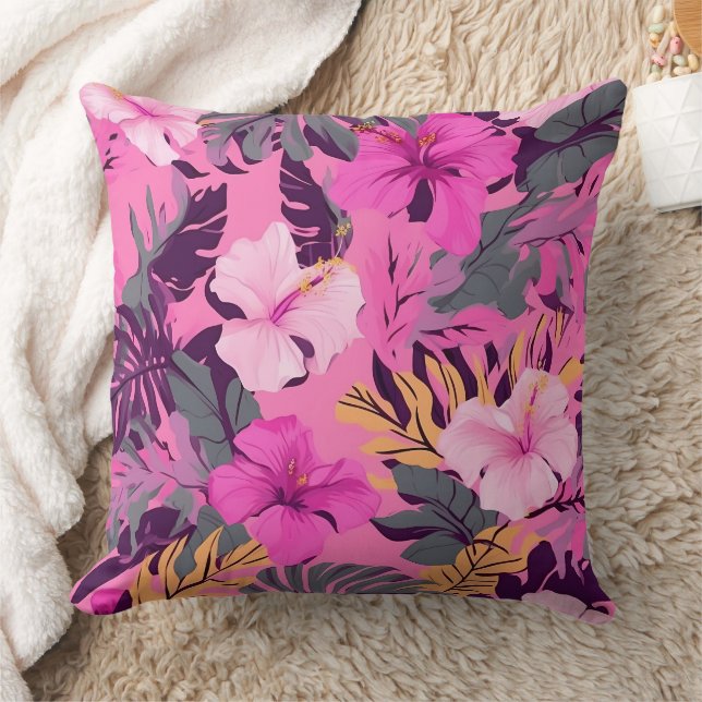 Almofada Hibisco Rosa Tropical - Design Floral Folha (Cobertor)