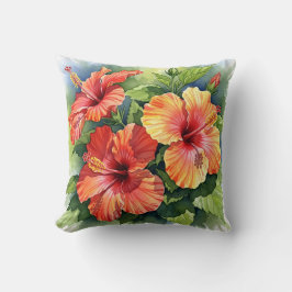 Almofada Hibisco Tropical Vermelho e Amarelo Floral Aquarel
