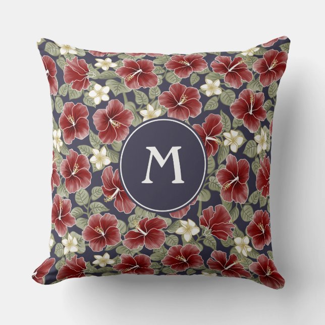 Almofada Hibiscus e Plumeria - Maroon (Frente)